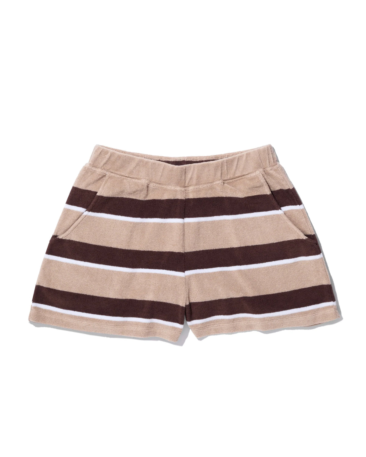 The Kule Terry Venus short features tan cotton-blend terry fabric, an elastic waist, front pockets, and horizontal dark brown and white stripes, shown laid flat on a white background.