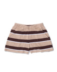 The Kule Terry Venus short features tan cotton-blend terry fabric, an elastic waist, front pockets, and horizontal dark brown and white stripes, shown laid flat on a white background.