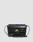 Black croco-embossed Italian leather Kathryn crossbody bag by Clare Vivier featuring a gold turn-lock clasp.