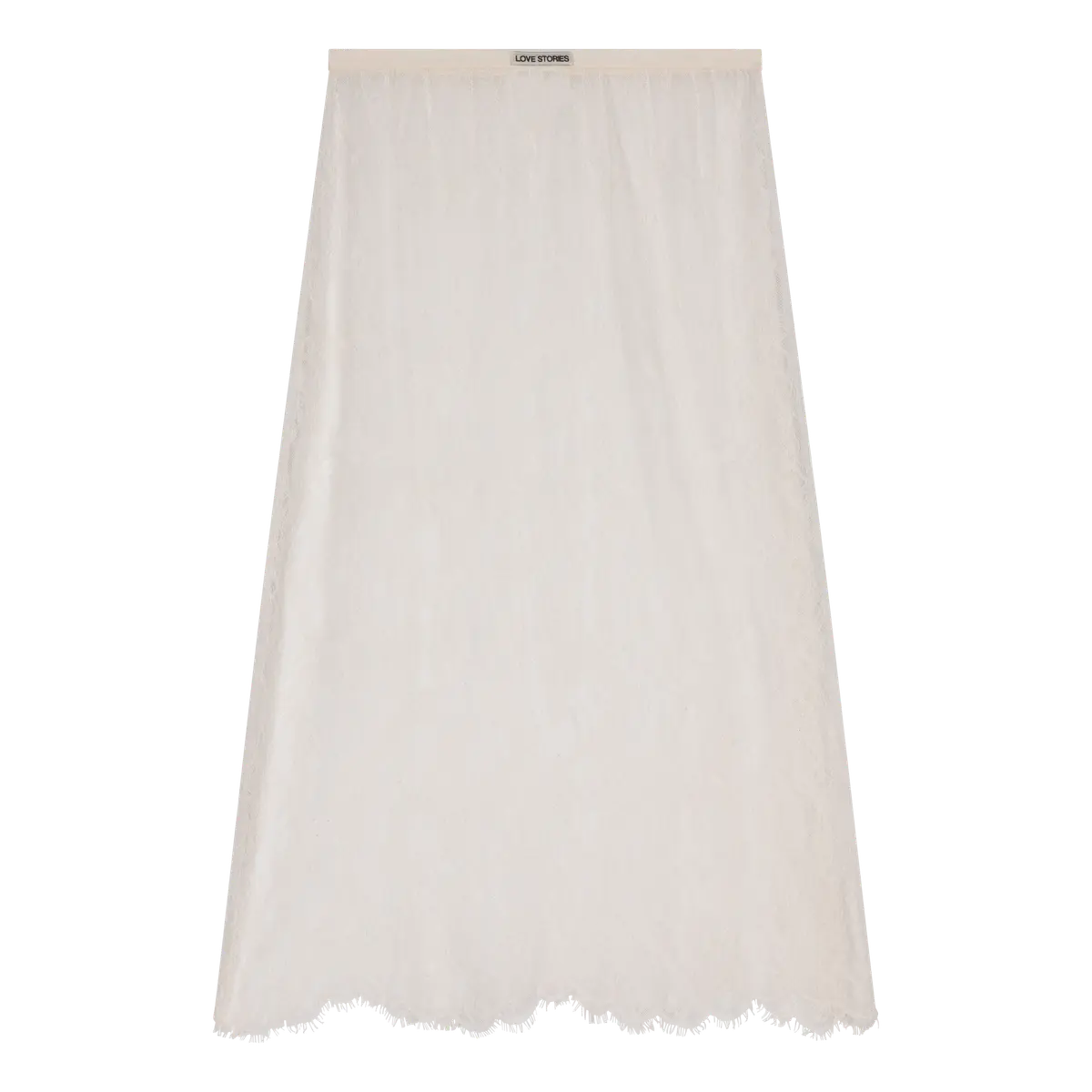 White sheer polyamide lace skirt with scalloped hem, straight cut, by Love Stories, MIA style.