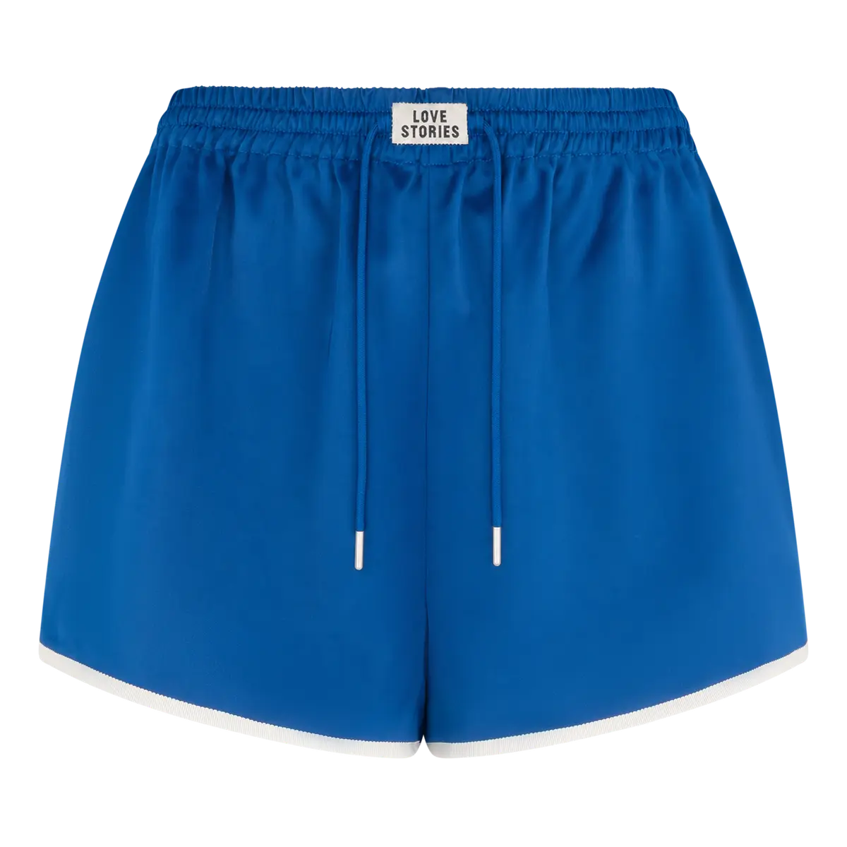 Bright blue satin shorts with drawstring waist and front logo tag by Love Stories, FRANKIE style.