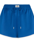 Bright blue satin shorts with drawstring waist and front logo tag by Love Stories, FRANKIE style.