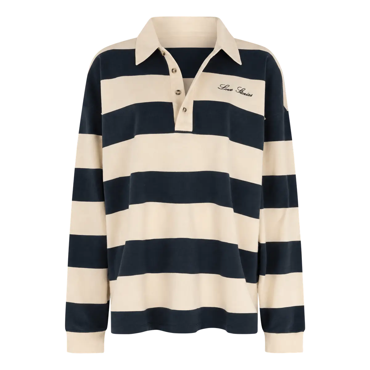Navy and beige striped long sleeve rugby shirt in lightweight cotton by Love Stories, PAUL collection.