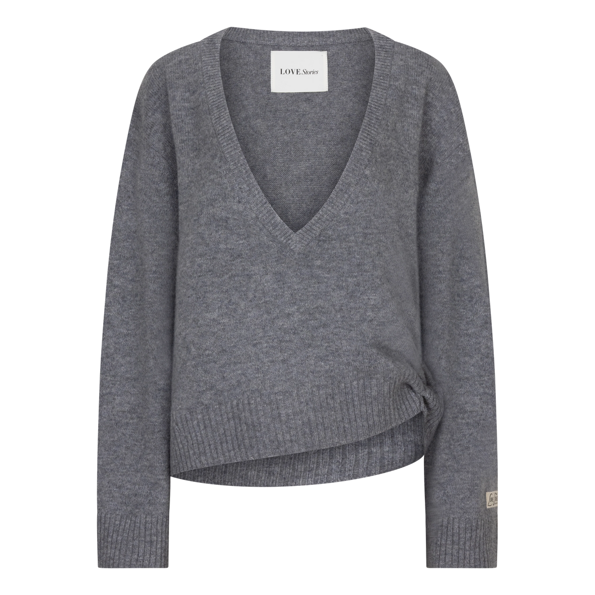 RACHEL V-neck jumper in grey wool-blend featuring a side-tie hem detail.