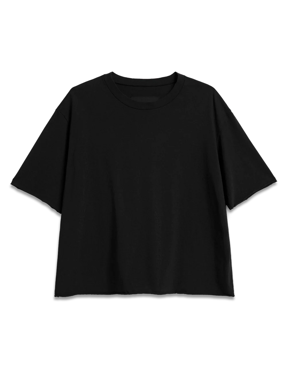 Black crewneck short-sleeve tee in 100 cotton by Frank & Eileen, flat lay on white background.