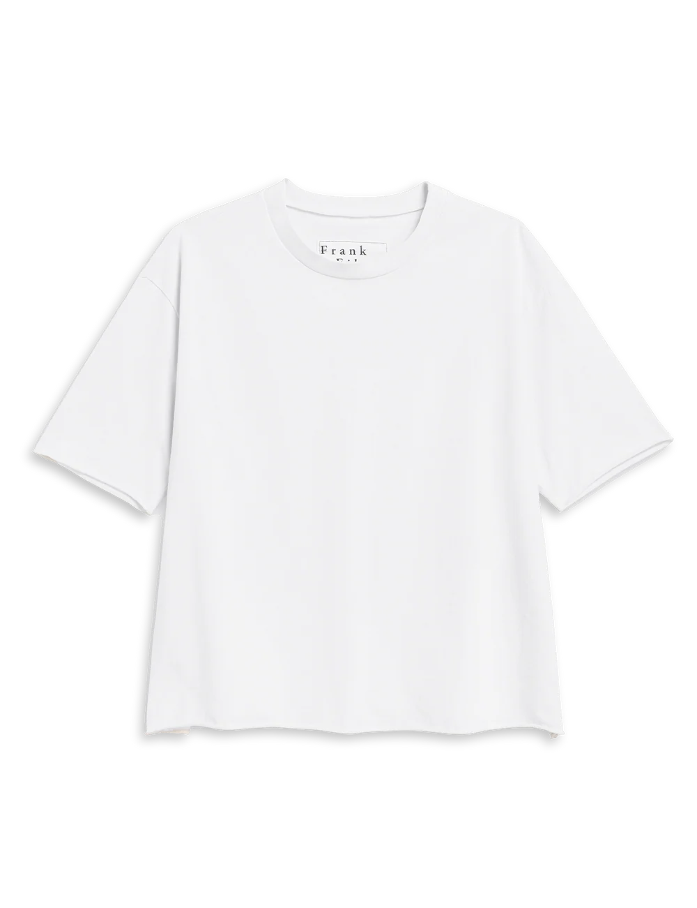 White short-sleeve cotton crewneck tee by Frank & Eileen, Perry Crew style, laid flat on a white background.