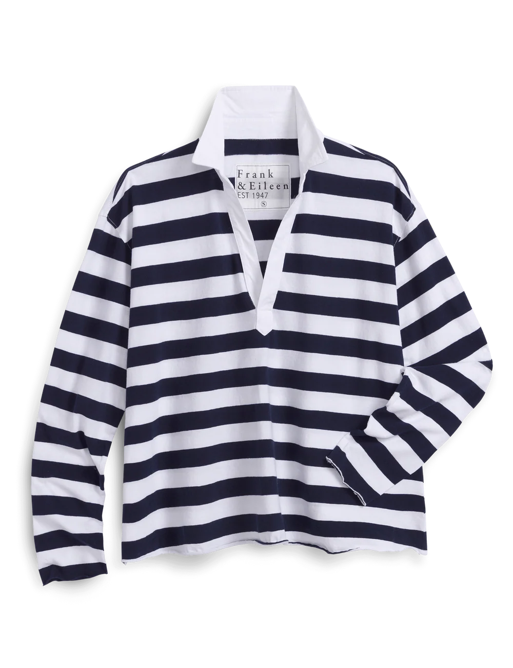 Black and white striped cropped henley with white collar, cotton jersey by Frank & Eileen.
