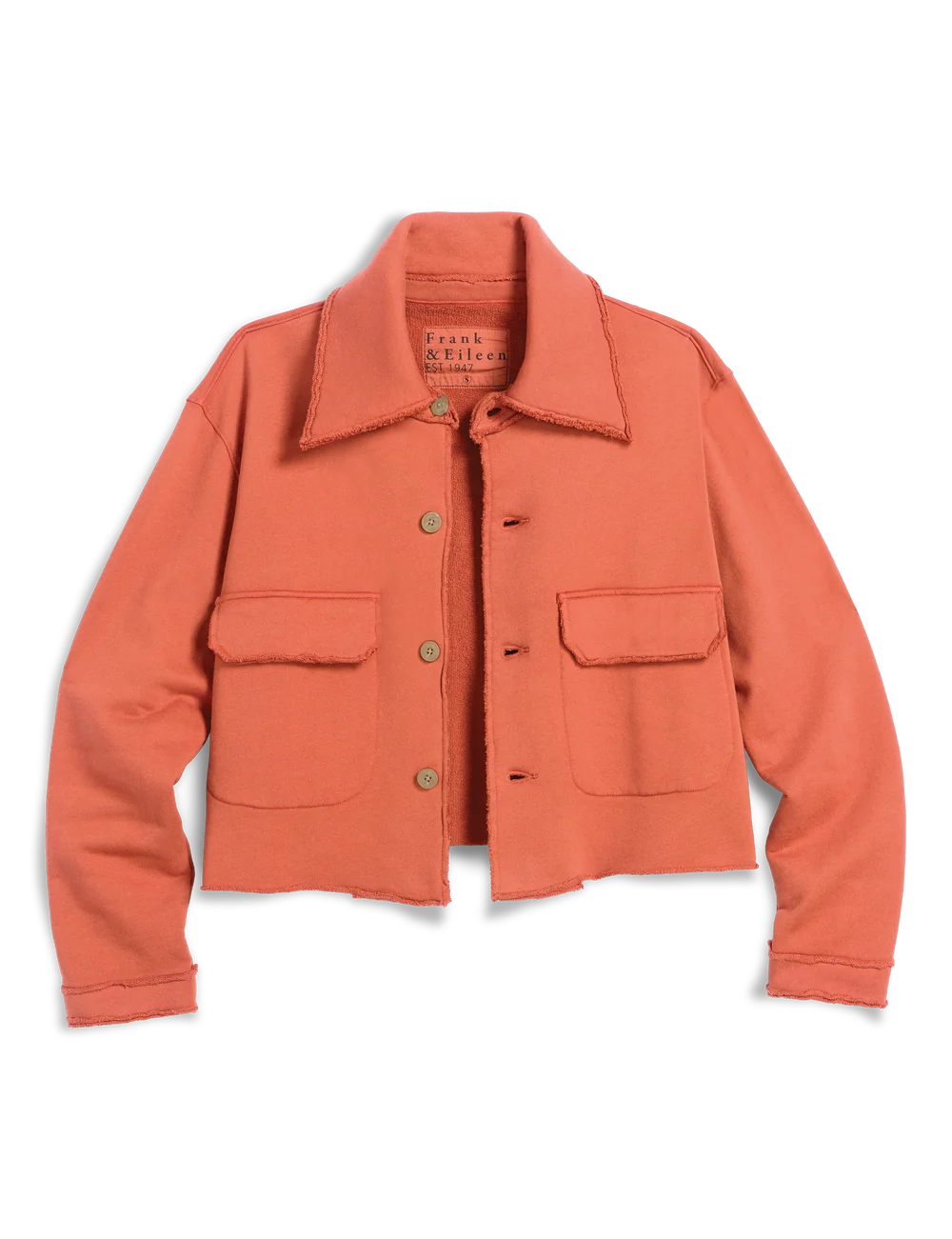 Coral cotton Rowan button-up jacket with collar, utility pockets, and raw frayed edges by Bungalow.