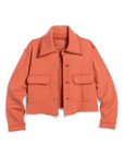 Coral cotton Rowan button-up jacket with collar, utility pockets, and raw frayed edges by Bungalow.