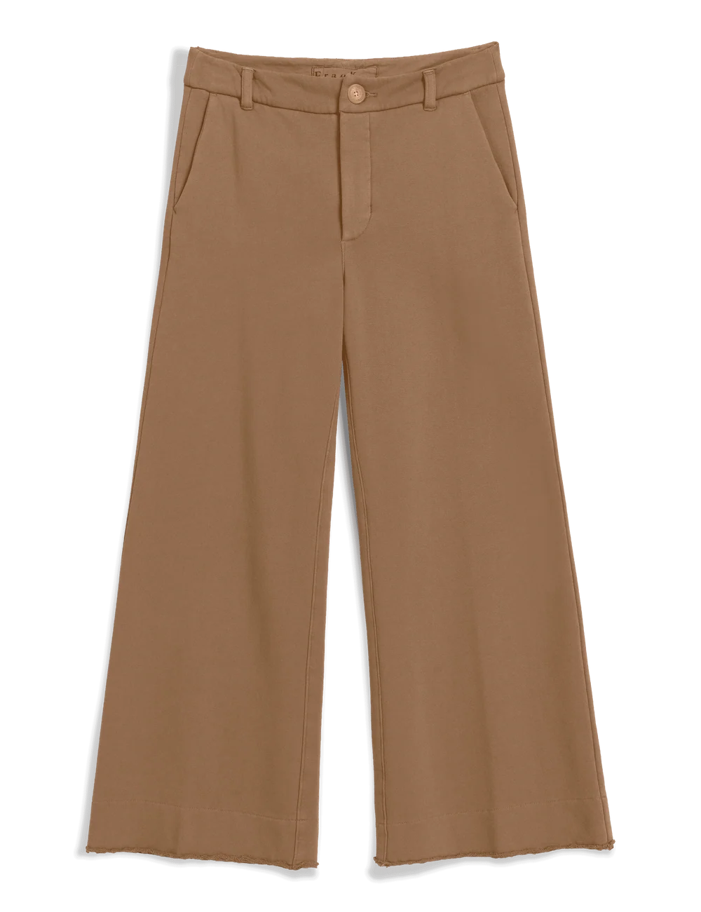 Light brown wide leg cotton trousers with pockets, belt loops, and frayed hem by Frank & Eileen Riley.