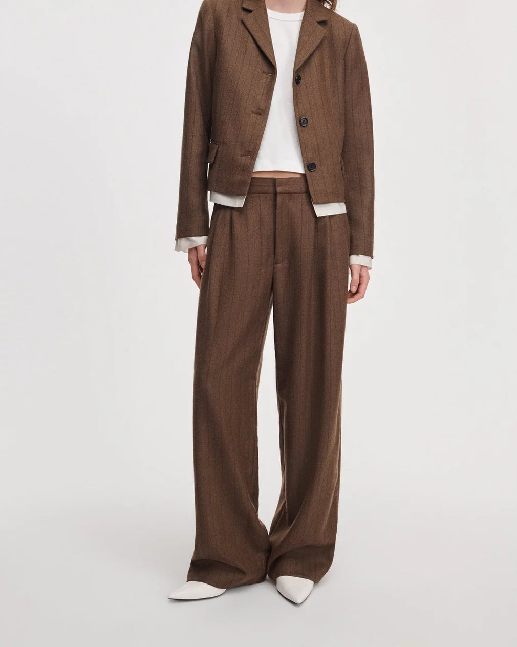Lawrence tailored pants by Rag &amp; Bone in brown striped herringbone wool-blend, styled with a matching blazer.