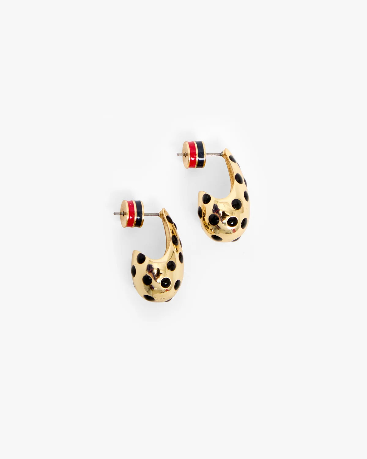 Gold-plated brass drop earrings with black spots, red and gold backs by Clare Vivier.