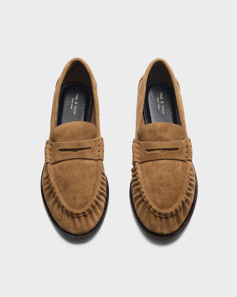 Brown suede slip-on loafer with stitching, shown from above; Rag & Bone Lexi style at Bungalow Furniture & Accessories.