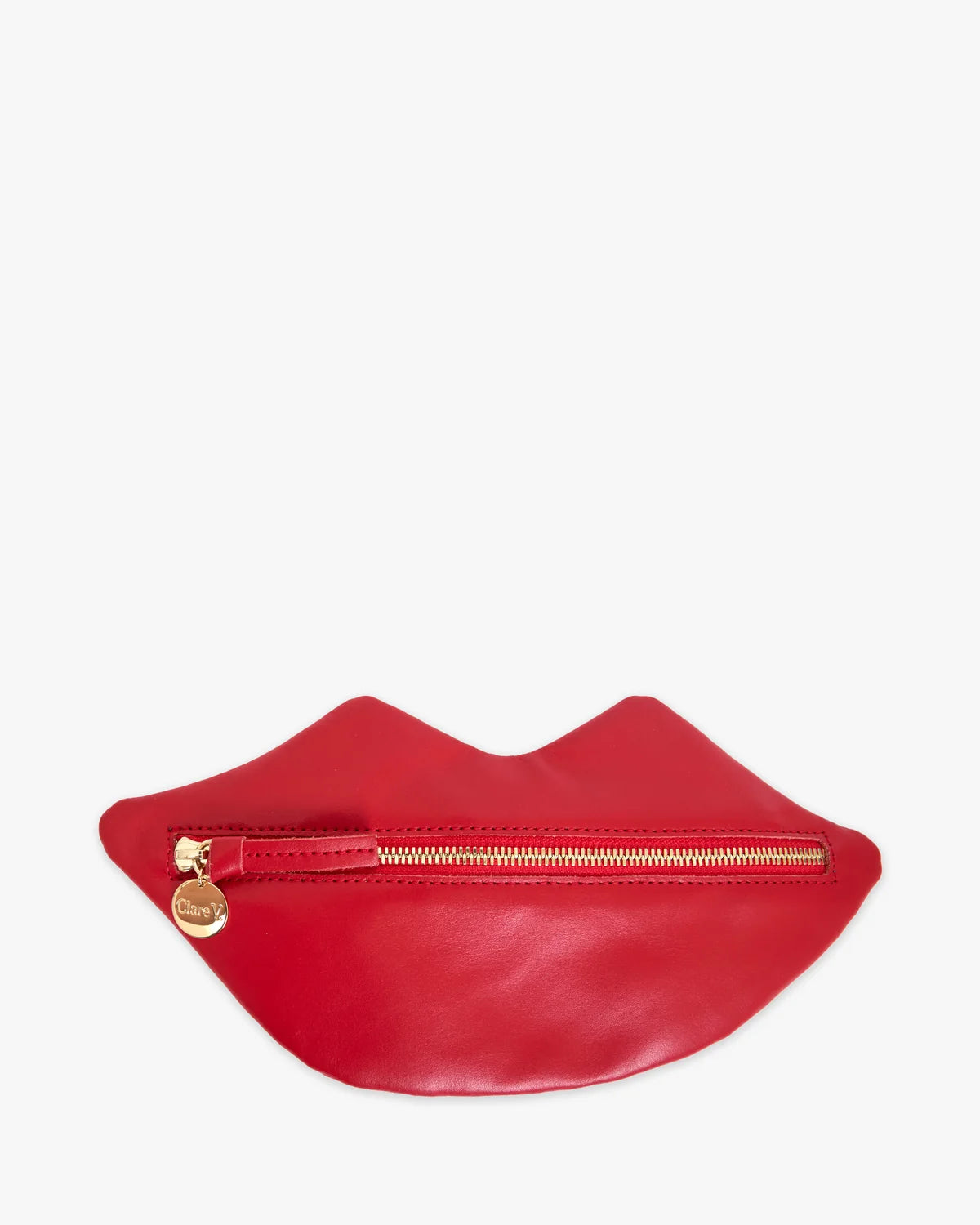 Lips Flat Clutch in red Italian leather featuring a lip shape, gold zipper, and circular logo charm by Bungalow.