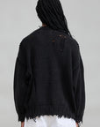 Distressed black American flag sweater by Denimist with long sleeves and a frayed hem.