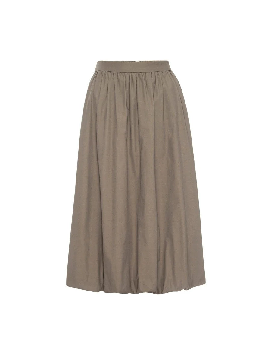 The BROCHU WALKER LOTI BUBBLE SKIRT is a taupe high-waisted midi with a gathered waistband and softly pleated, voluminous silhouette, shown on a white background.