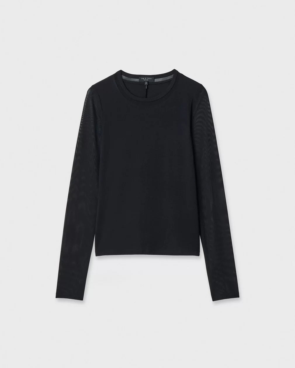 Fitted black long-sleeve crewneck top with sheer mesh sleeves in silky-soft stretch jersey by Luca Shadow.