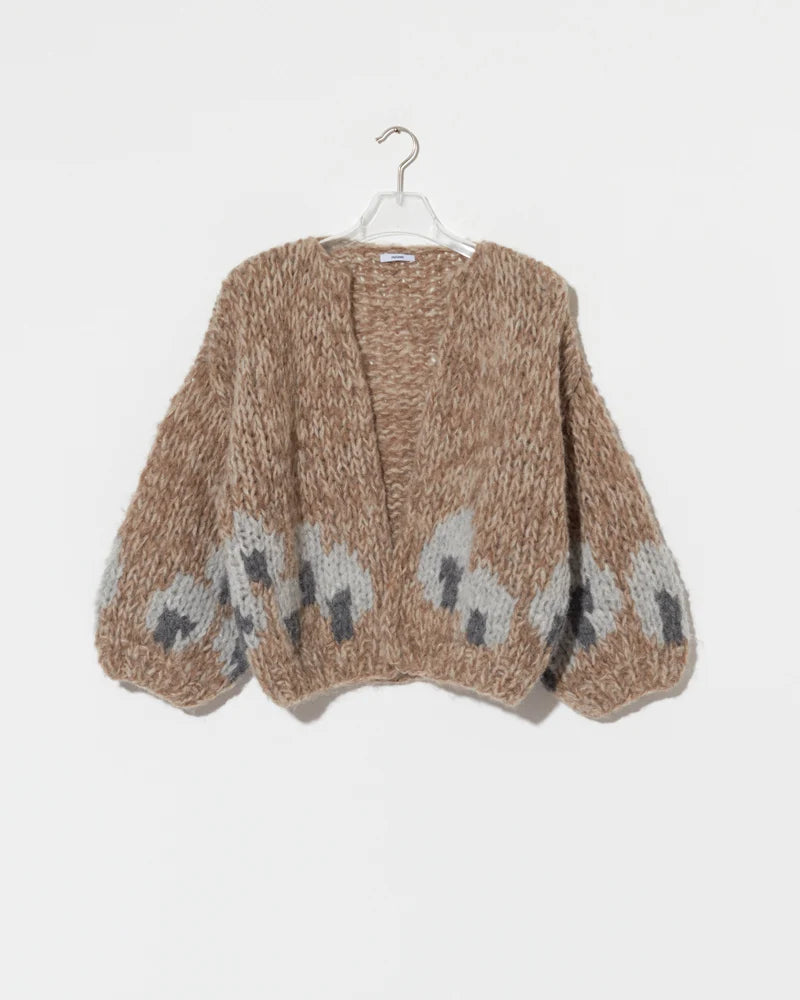 Tan Maiami Fleecy Alpaca Intarsia Bomber Cardi featuring grey and dark grey abstract sleeve motifs.