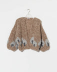 Tan Maiami Fleecy Alpaca Intarsia Bomber Cardi featuring grey and dark grey abstract sleeve motifs.