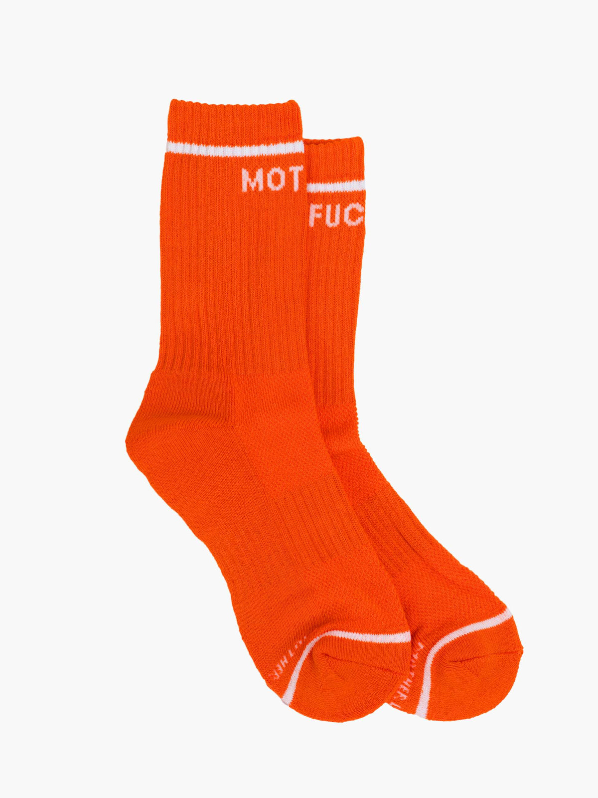 The Baby Steps crew socks by Mother feature a bright orange ribbed design with white accents at the top and toes, plus bold "MOT" and "FUC" in white, making them versatile essentials for year-round wear.