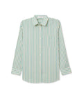 The Avalon Poplin Button Down by Perfectwhitetee features long sleeves, a collar, chest pocket, buttoned cuffs, and vertical green, white, and yellow stripes—ideal as an oversized shirt or stylish summer cover-up.