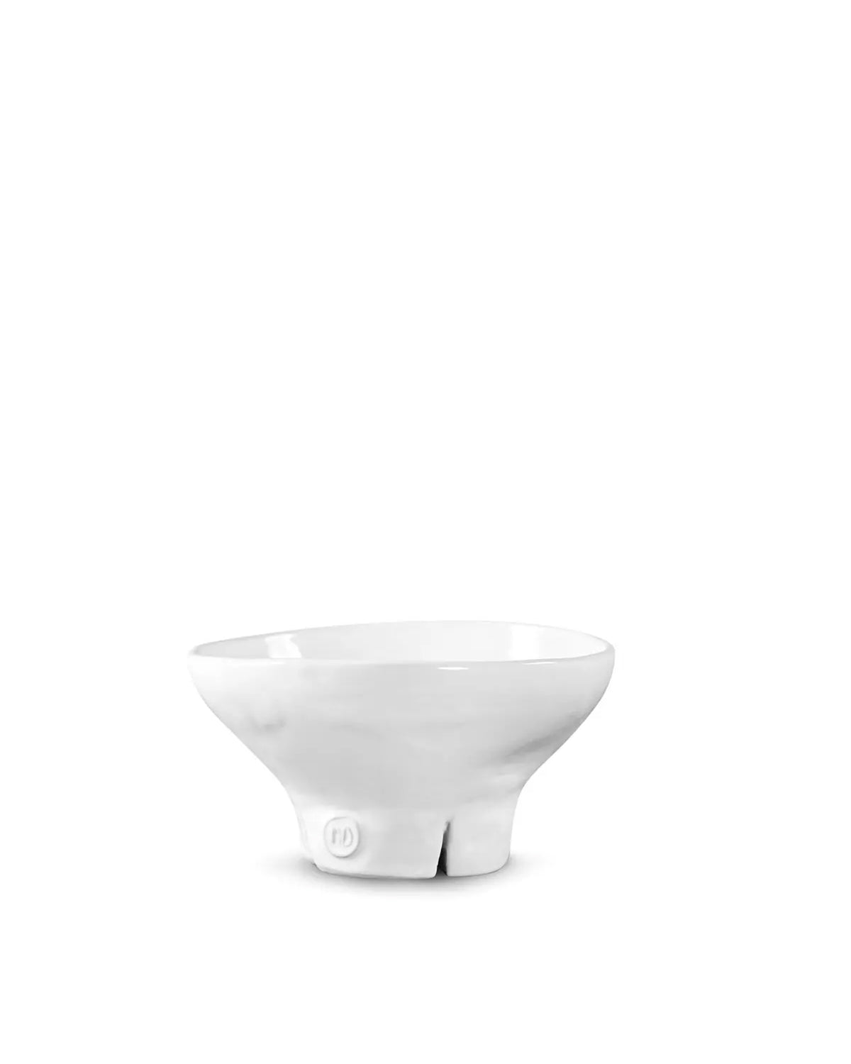 The Catchall Bowl No 257 by Montes Doggett is a white, high-fired ceramic bowl with an irregular, slightly uneven shape and a small split at the base, shown against a plain white background.
