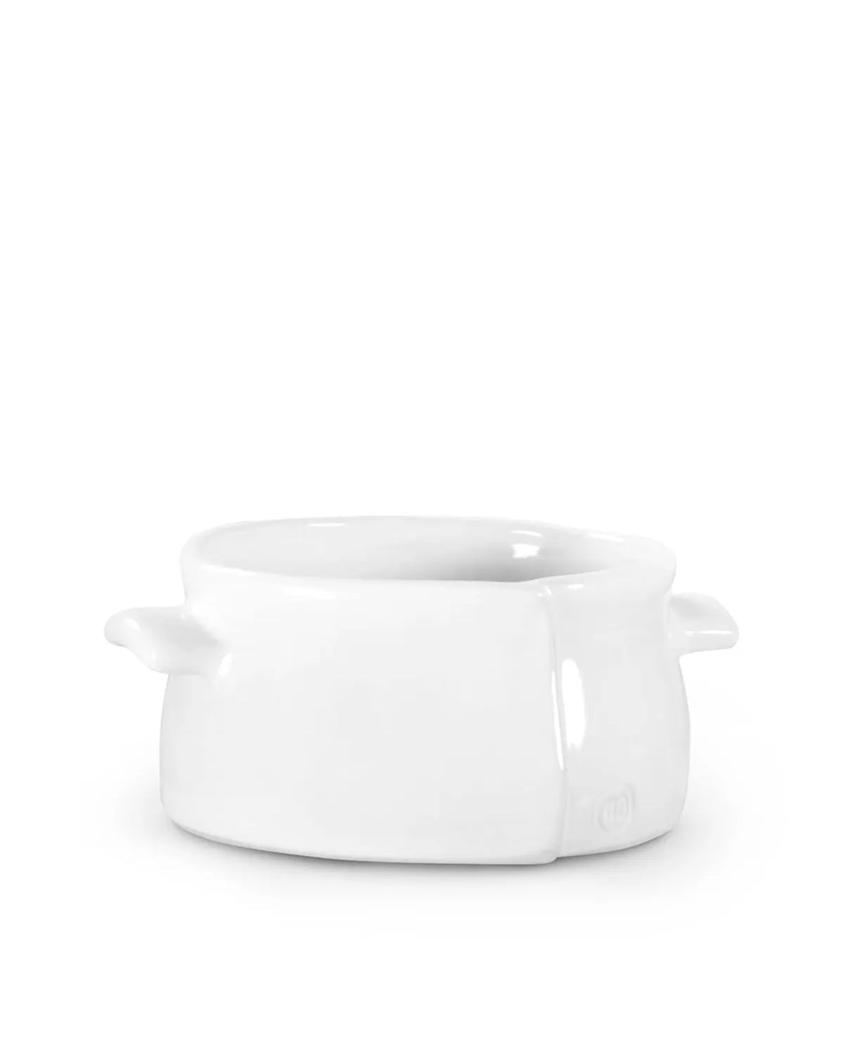 The Montes Doggett S Baker No. 137 is a small, round, white high-fired ceramic bowl with two short side handles, shown against a plain white background.