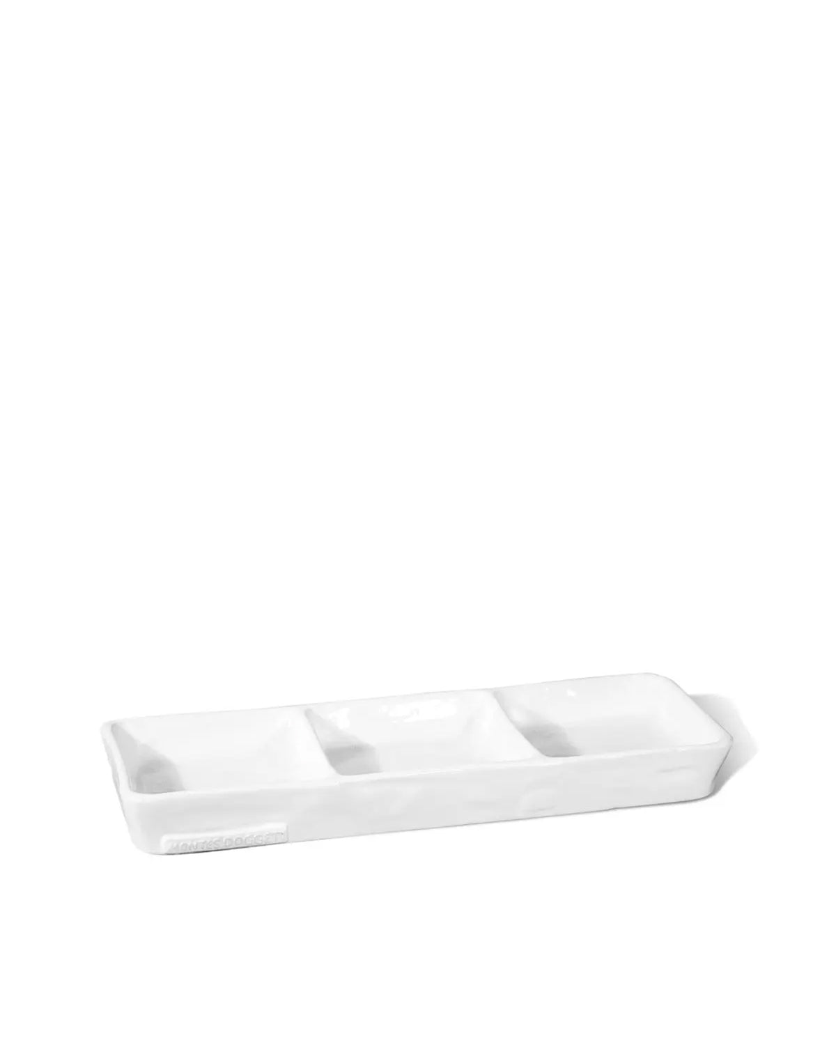 The Montes Doggett Appetizer Tray No. 383 is a white rectangular high-fired ceramic tray featuring three separate compartments, shown on a plain white background.