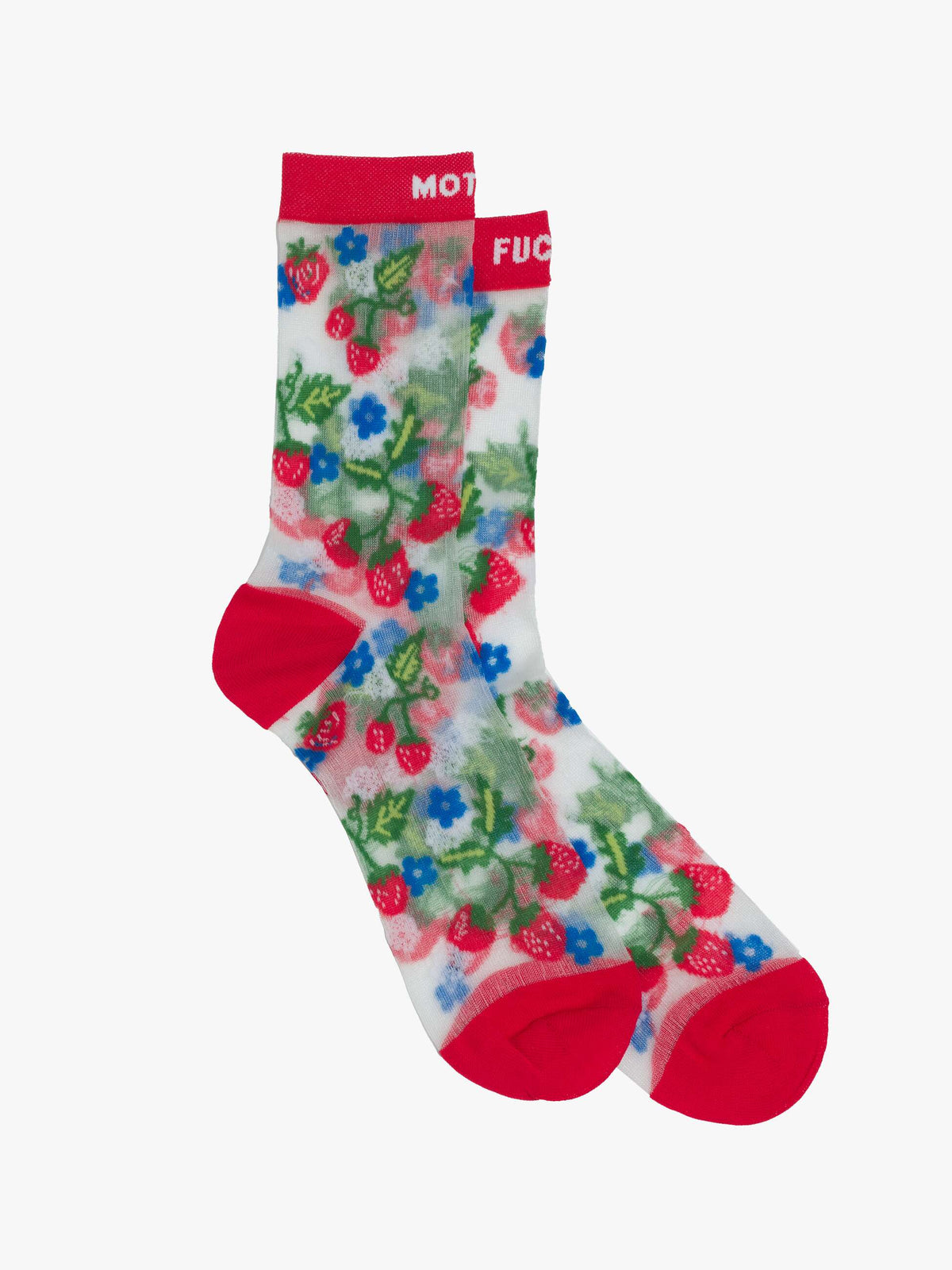 The Step Up Sock by Mother features translucent grey fabric with red toes, heels, and cuffs, a colorful strawberry, blue flower, and black star pattern, plus "MOT" and "FUC" in white on the tops.