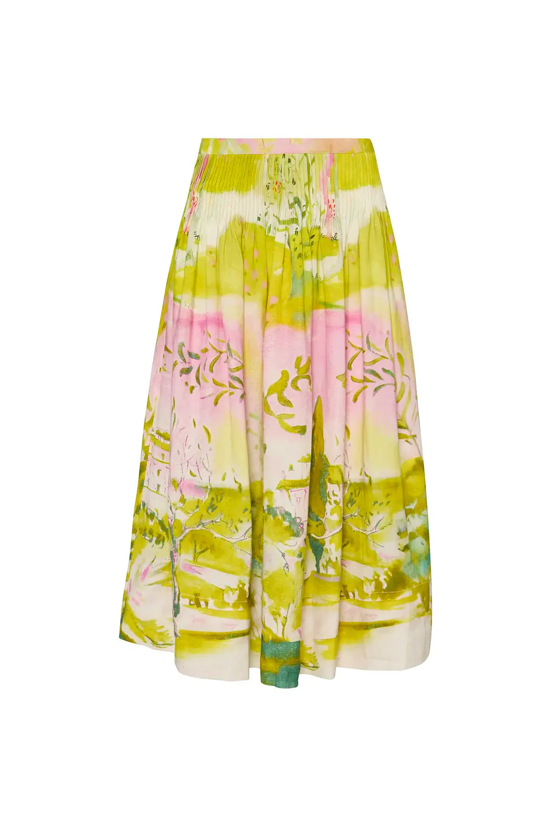 The Fallon Skirt by Hunter Bell NYC is a knee-length midi with a vibrant custom abstract pattern in green, pink, and white. Made from lightweight fabric, it features a pleated waistline for a gentle flare.