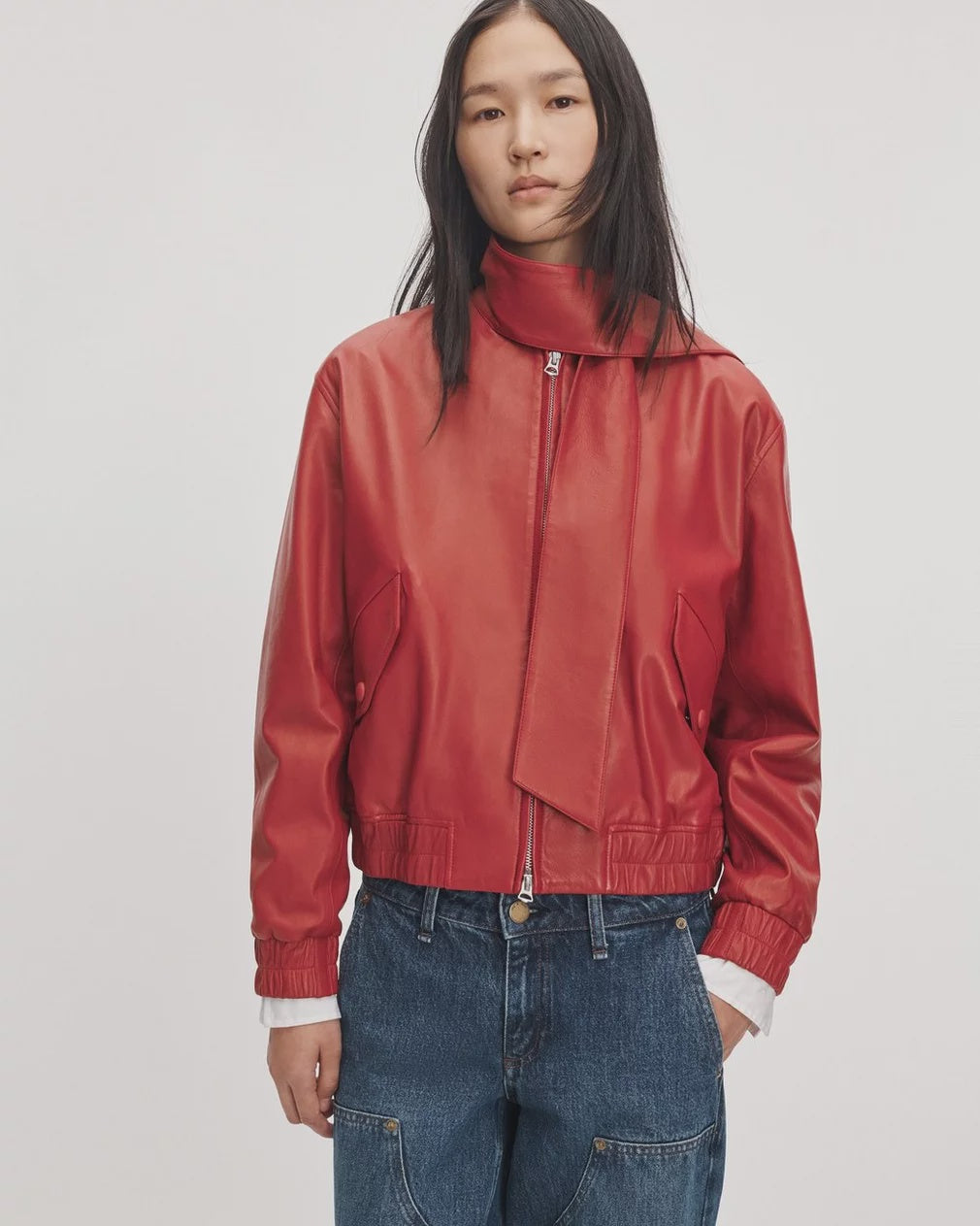 Cropped lamb leather bomber jacket with a wraparound collar and zip front by Rag &amp; Bone.