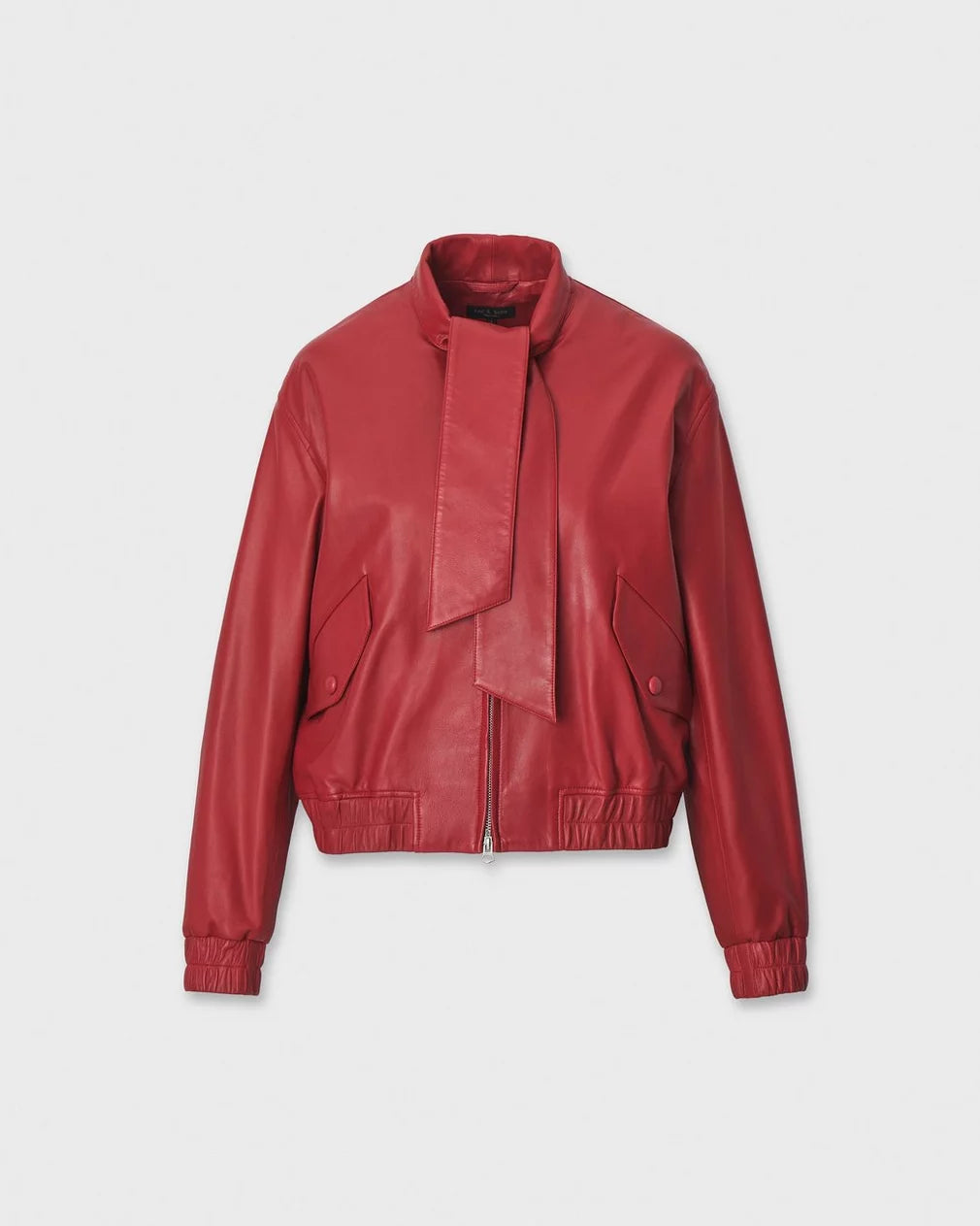 Red cropped lamb leather bomber jacket with a stand collar and neck scarf by Rag &amp; Bone.