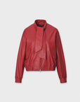 Red cropped lamb leather bomber jacket with a stand collar and neck scarf by Rag & Bone.