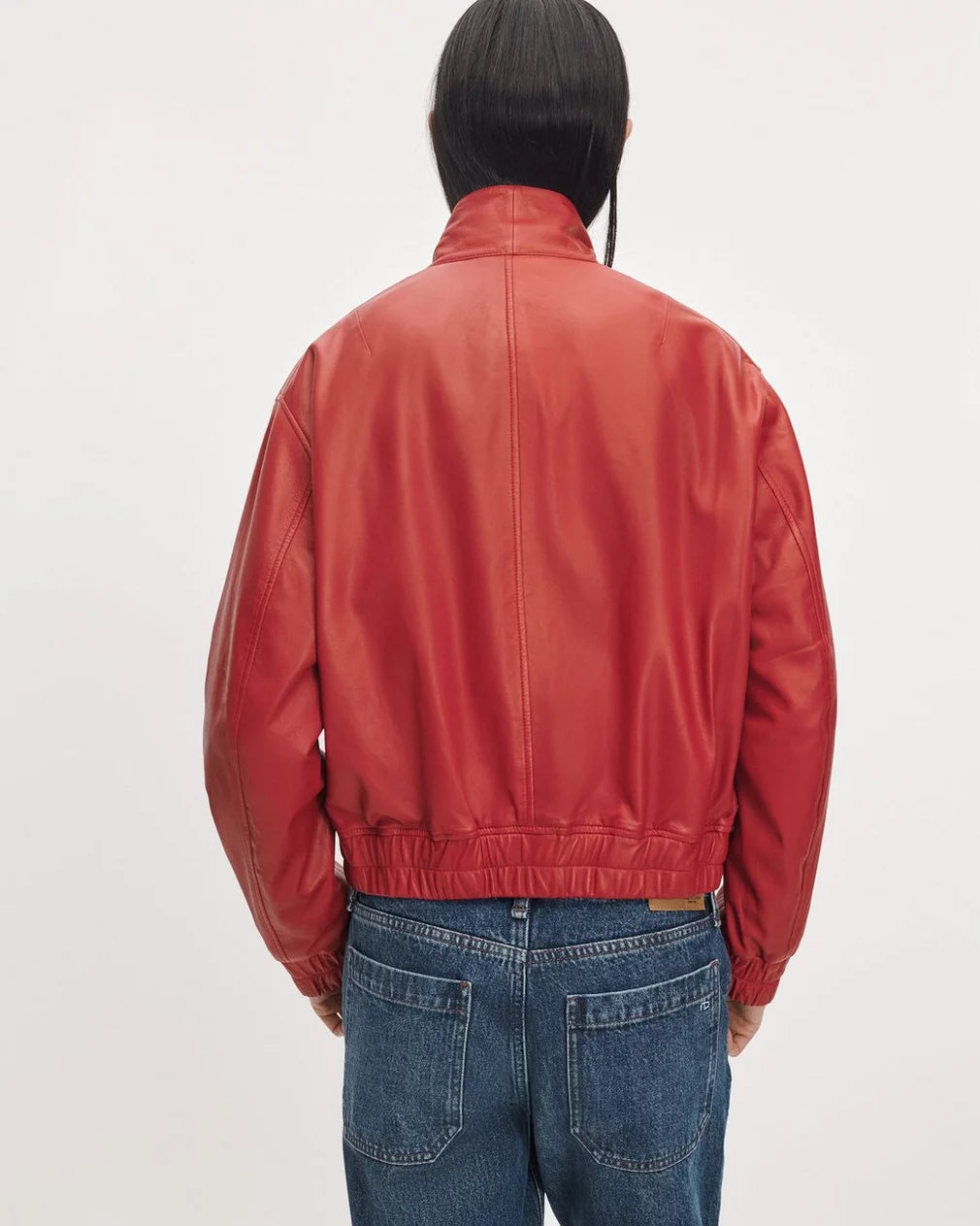 Red Rag &amp; Bone Marissa leather scarf bomber jacket with stand collar and ribbed hem, back view styled with jeans.