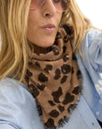 Kerri Rosenthal KR Cashmere Cheetah bandana in blue, styled with sunglasses and blue shirt for a chic look.