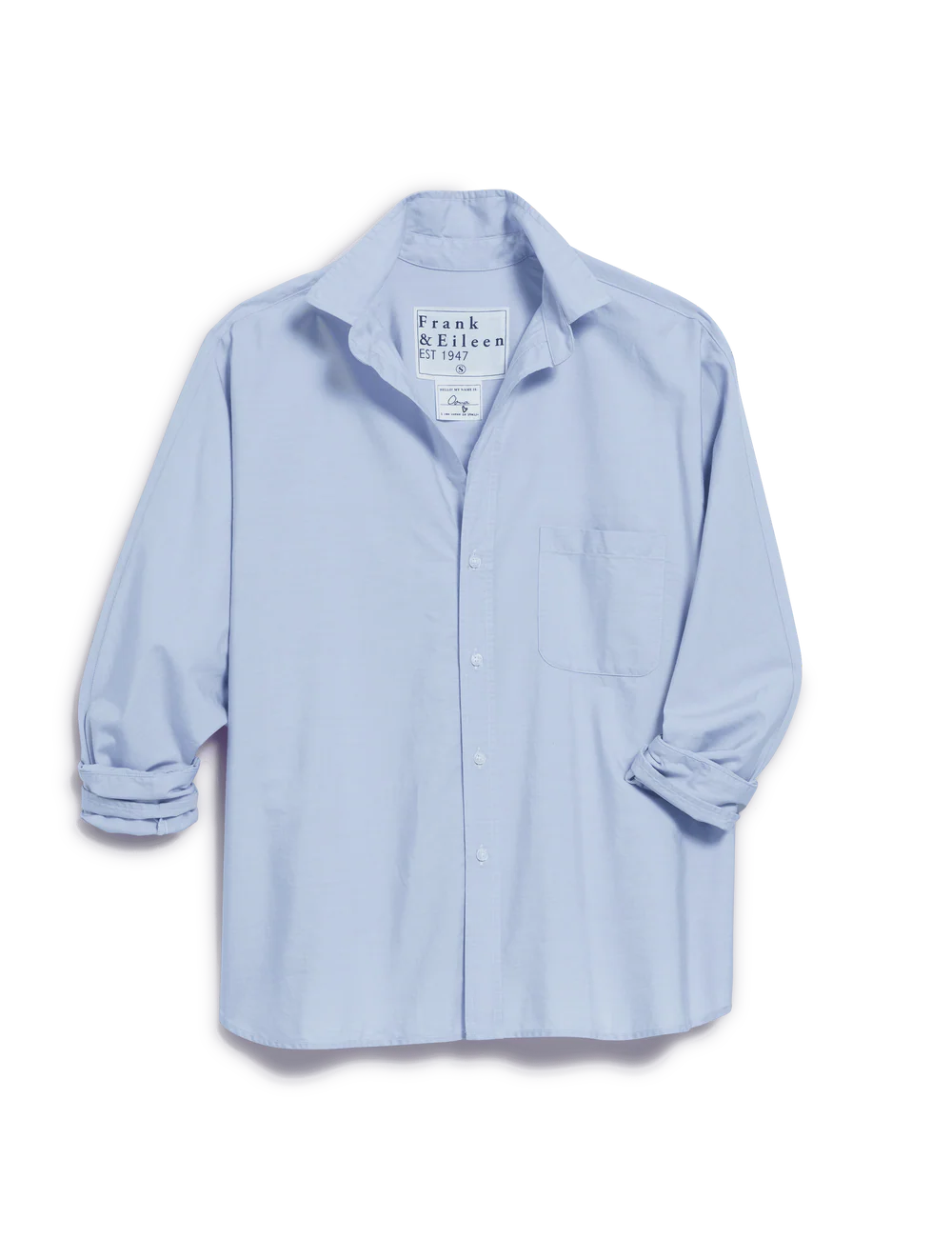 Blue button-up shirt with rolled sleeves, front pocket, and collar tag by Frank & Eileen; regenerative cotton.