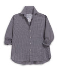 The Frank & Eileen Oona Continuous Button-Up Shirt is a relaxed-fit, long-sleeve black and white plaid shirt with a collar and cuffed sleeves, crafted from 100% cotton.