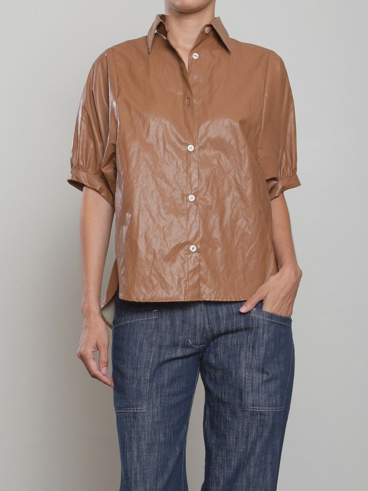 Brown Pharaoh Claude Shirt with rolled sleeves styled with blue jeans, Bungalow Furniture & Accessories.