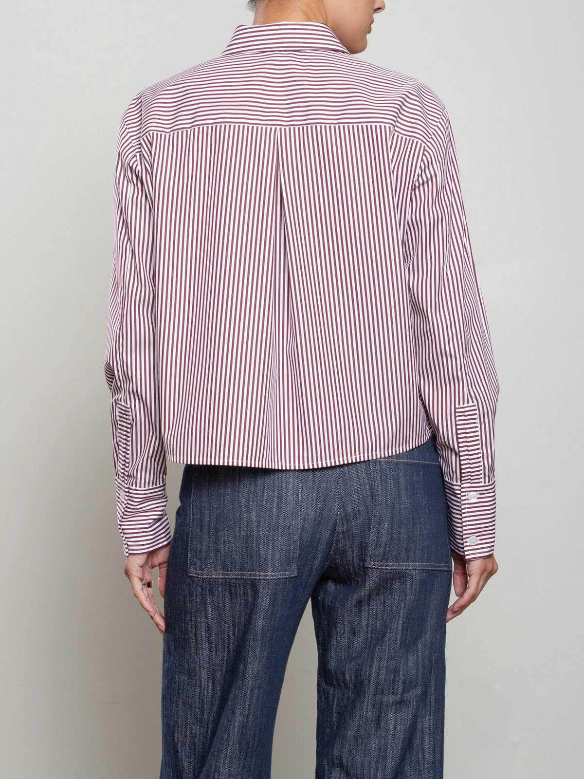 Pharaoh Enzo striped poplin shirt in blue, shown from the back, by Bungalow Furniture &amp; Accessories.