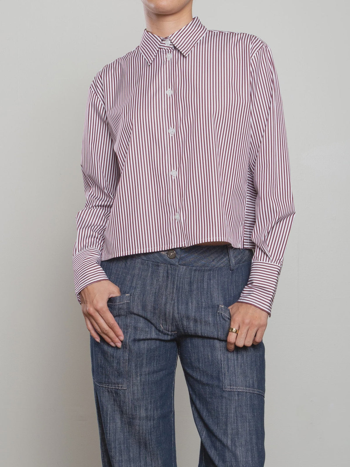 Pharaoh Enzo Striped Poplin Shirt with blue jeans, Bungalow Furniture, modern casual style on light background.