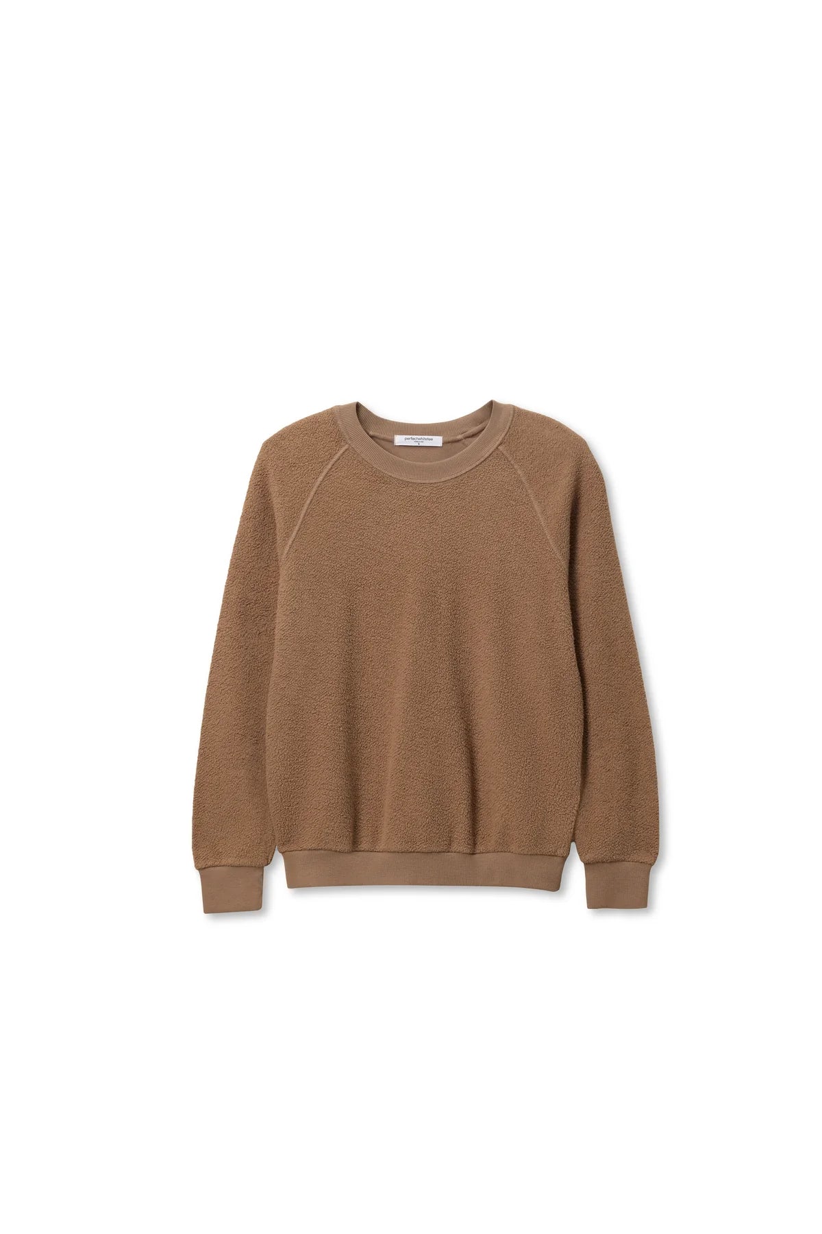 The Ziggy Reverse LS Sweatshirt by Perfectwhitetee is a brown, long-sleeved crewneck made from textured cotton fleece, with bracelet-length sleeves, displayed flat on a white background.