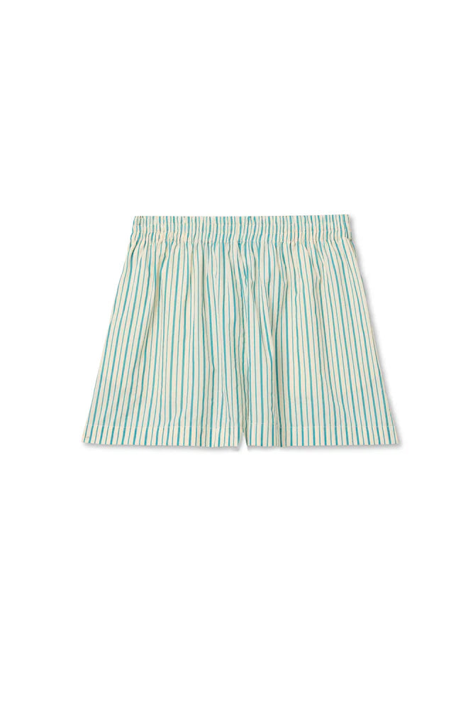 The Julie Poplin Short by Perfectwhitetee features light blue and white vertical stripes, crafted in cotton poplin with a smocked elastic waistband—a high-summer staple shown laid flat on a white background.