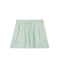 The Julie Poplin Short by Perfectwhitetee features light blue and white vertical stripes, crafted in cotton poplin with a smocked elastic waistband—a high-summer staple shown laid flat on a white background.