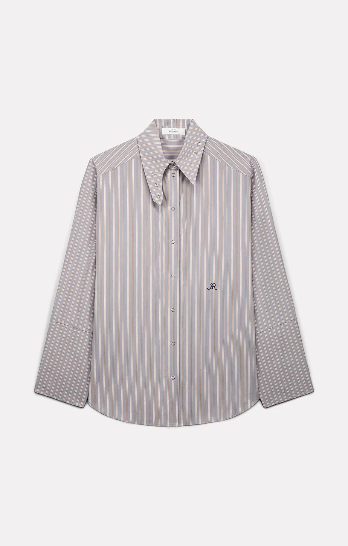 Loose-fit Roseanna Chemises shirt featuring a light vertical stripe pattern and an asymmetrical stand-up collar.