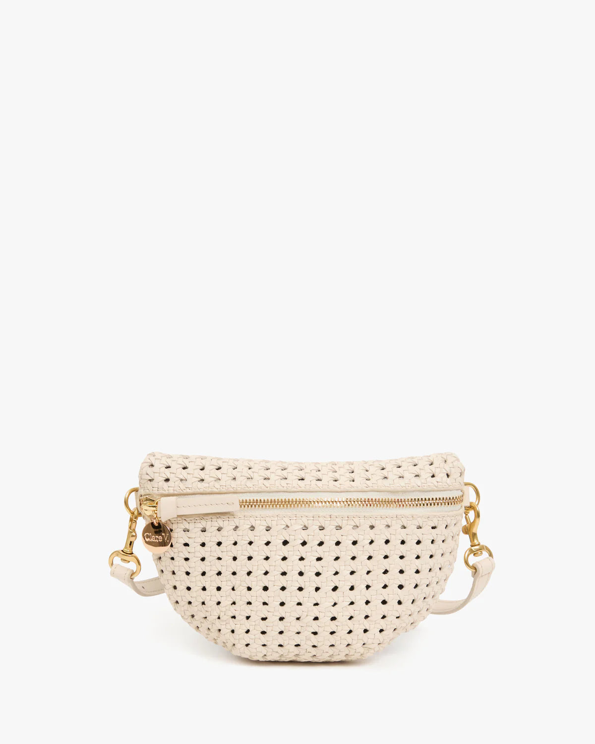 Cream handwoven leather crossbody bag with gold hardware and adjustable strap by Clare Vivier, Petite Fanny S26.