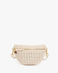 Cream handwoven leather crossbody bag with gold hardware and adjustable strap by Clare Vivier, Petite Fanny S26.