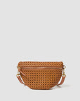 The Clare Vivier Petite Fanny S26 in tan boasts a handwoven leather design, zippered front pocket, and adjustable strap—beautifully showcased against a plain white background.