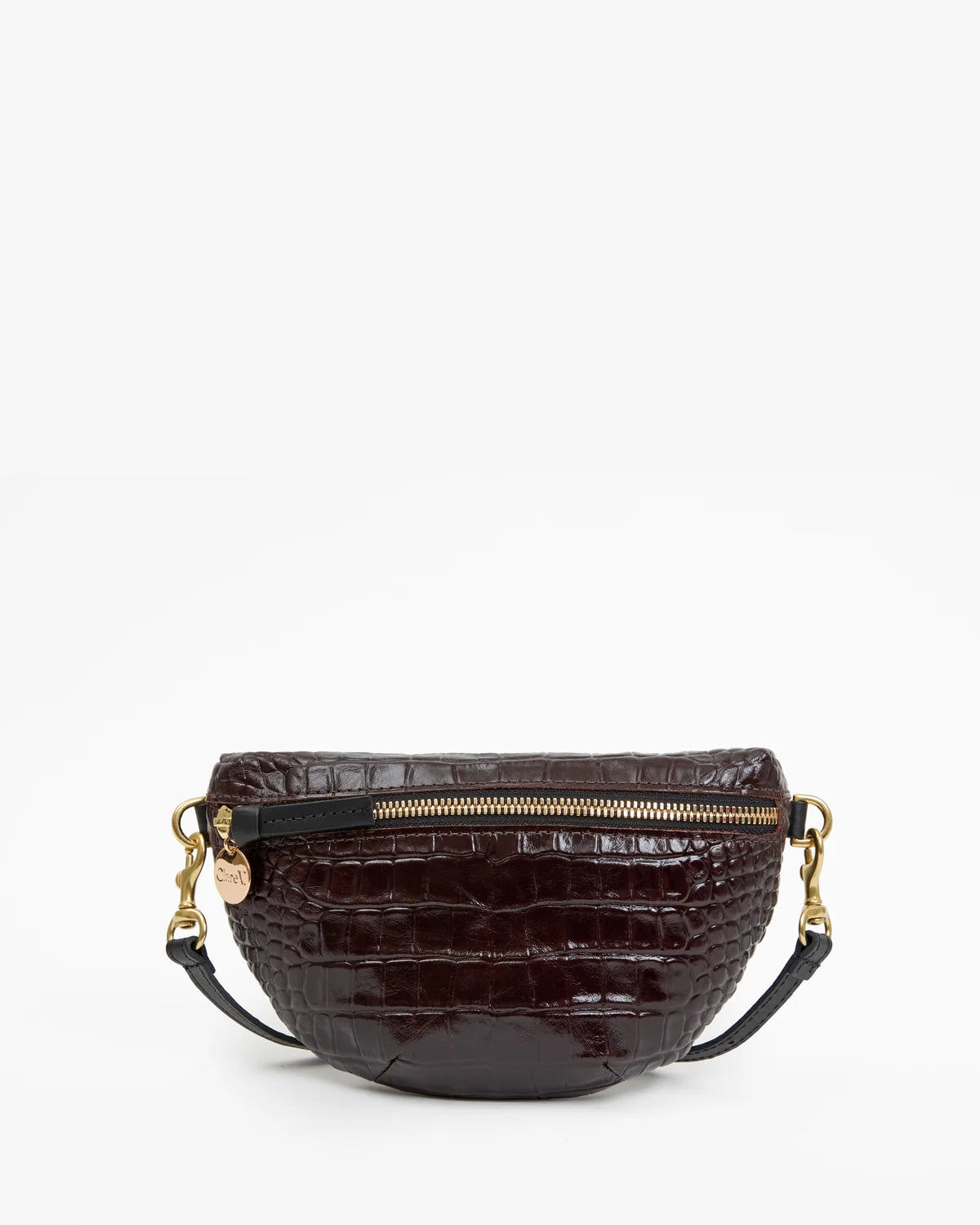 Mahogany crocodile-embossed leather Petite Fanny S26 bag with gold zipper and detachable strap by Clare Vivier.