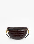 Mahogany crocodile-embossed leather Petite Fanny S26 bag with gold zipper and detachable strap by Clare Vivier.