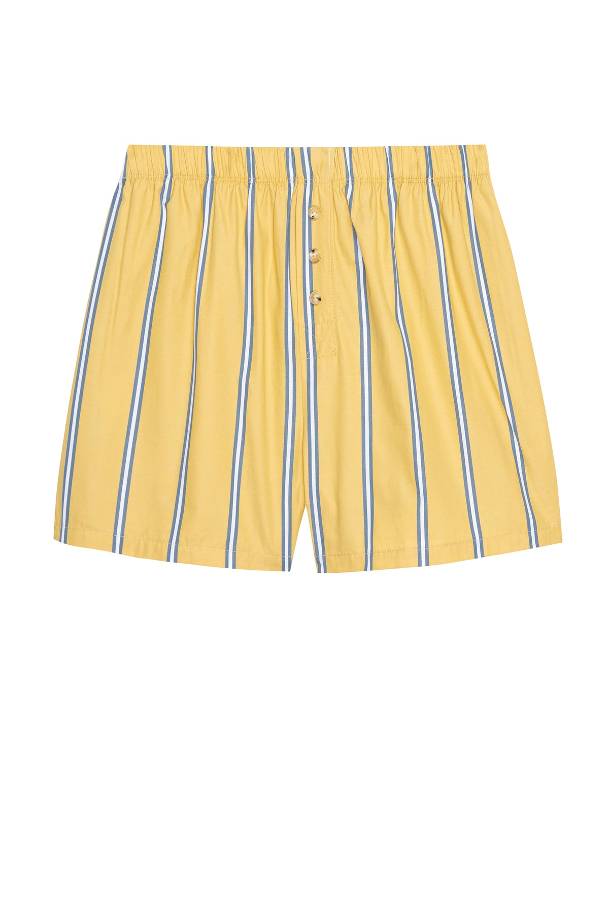 The Pop Boxer by Donni features a relaxed fit with vertical blue and white stripes on yellow cotton poplin. An elastic waistband ensures comfort, and buttons down the front add a classic touch, set against a plain white background.